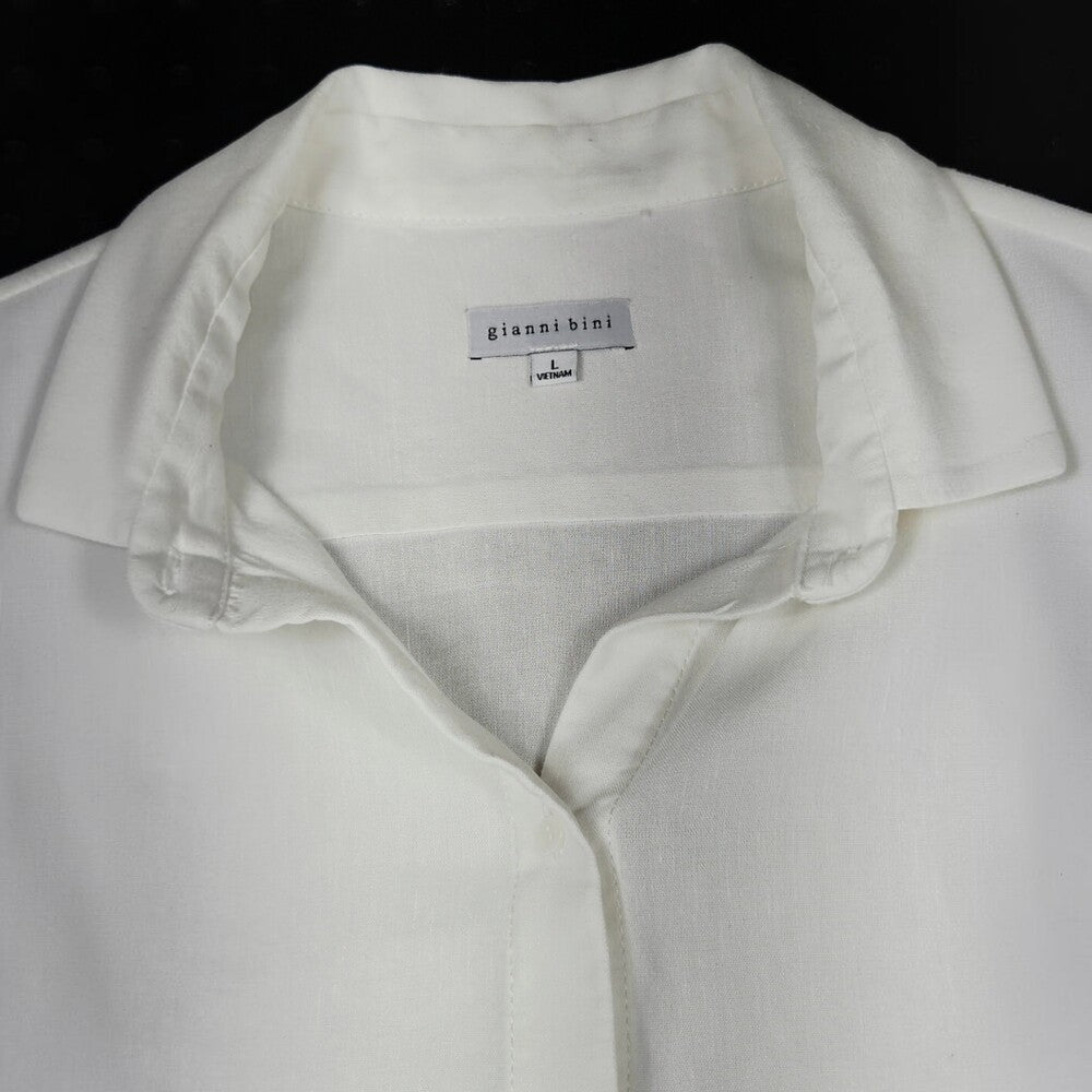 Gianni Bini Linen Short Sleeve Button Up White Cream Size L Shirt - Image 4