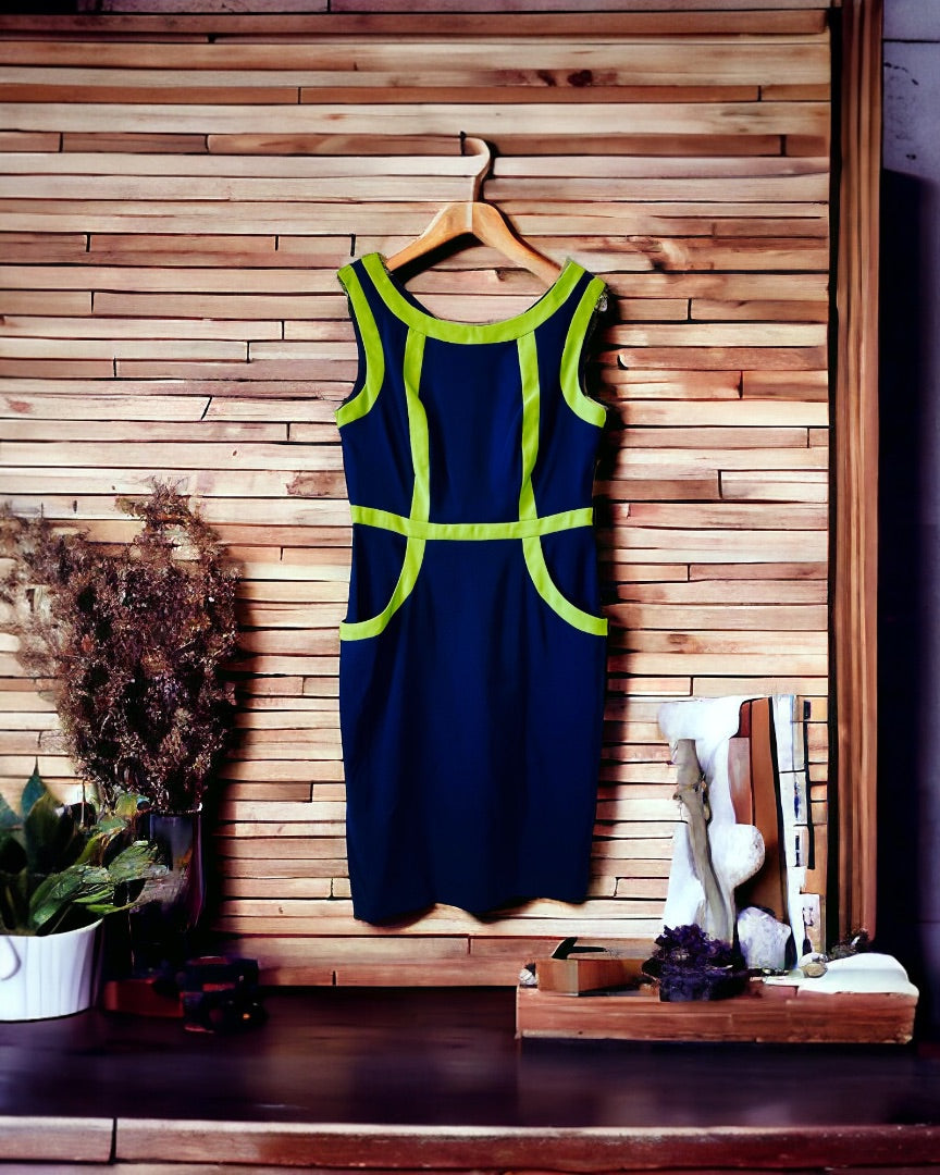Connected Apparel Dress - Long,Navy/Lime Grn, 10