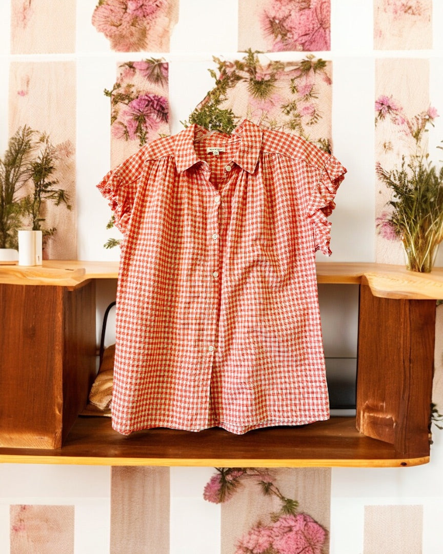 Max Studio SS Blouse,Red/White Gingham, Large