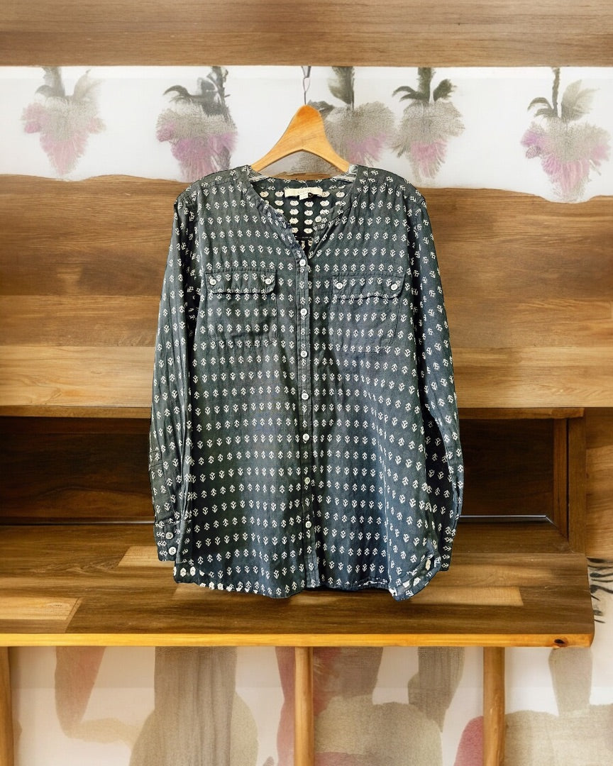 Ann Taylor LOFT LS Blouse,Navy/White Print, Large