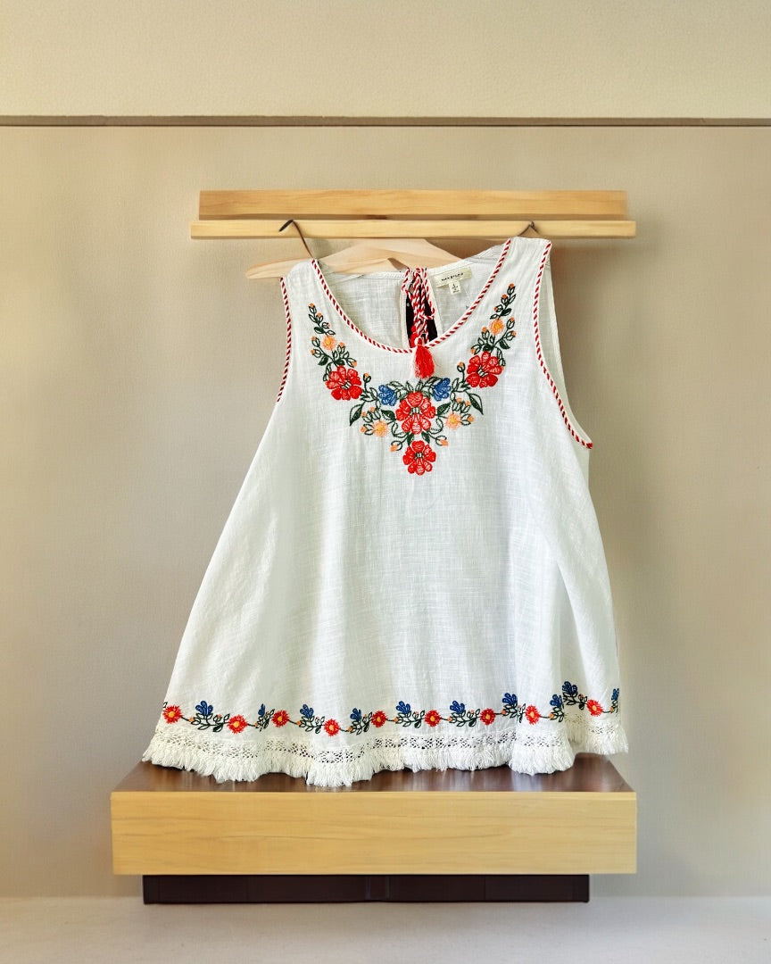 Max Studio Slvls Top,White w/Floral, Large