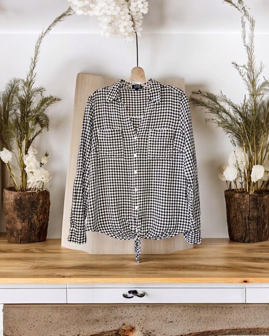 Jones New York LS Blouse,Blk/Wht Gingham, Small