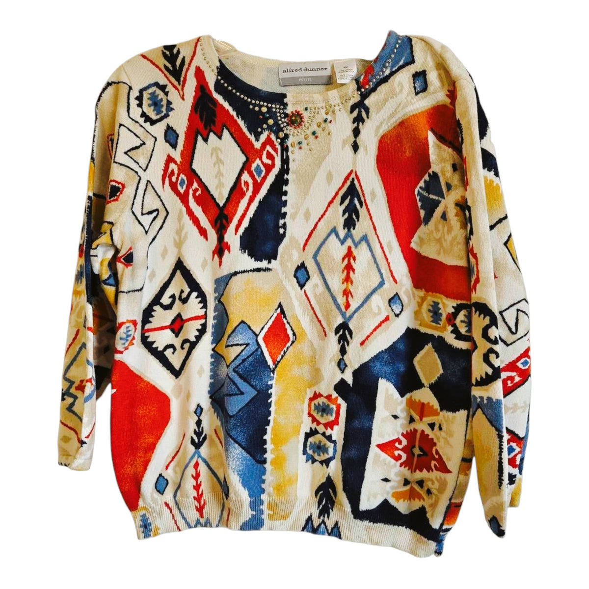 Alfred Dunner Petite Colorblock Knit Sweater Geometric Pattern Rhinestone Neckline - Image 1