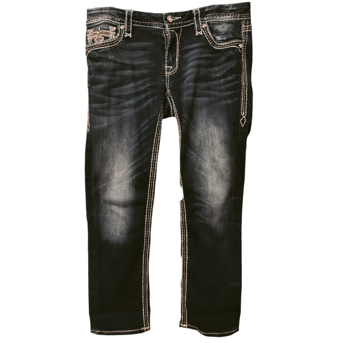 Rock Revival Jeans Size 30 Dark Denim Capris Contrast Stitch Embroidered Back Pockets - Image 1