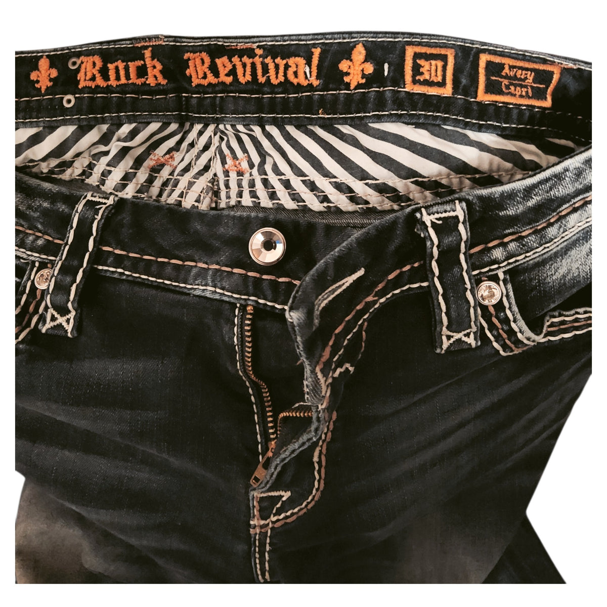 Rock Revival Jeans Size 30 Dark Denim Capris Contrast Stitch Embroidered Back Pockets - Image 3
