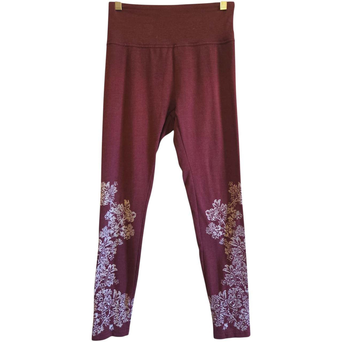 Marika Medium Burgundy Leggings with White Floral Print Women's Activewear - Image 1
