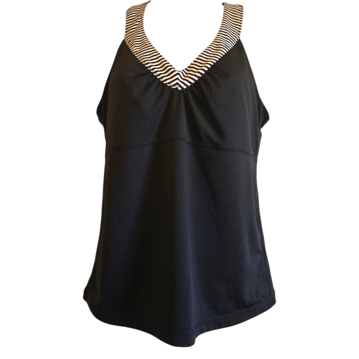 inmotion Medium Black Tank Top with Black and White Striped Trim Racerback - Image 1