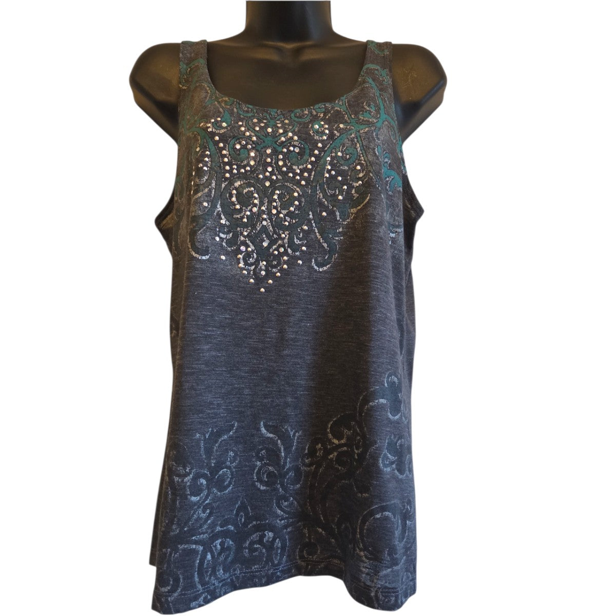 Vanity Large Dark Gray Tank Top with Lace Panel and Rhinestone Detail - Image 1