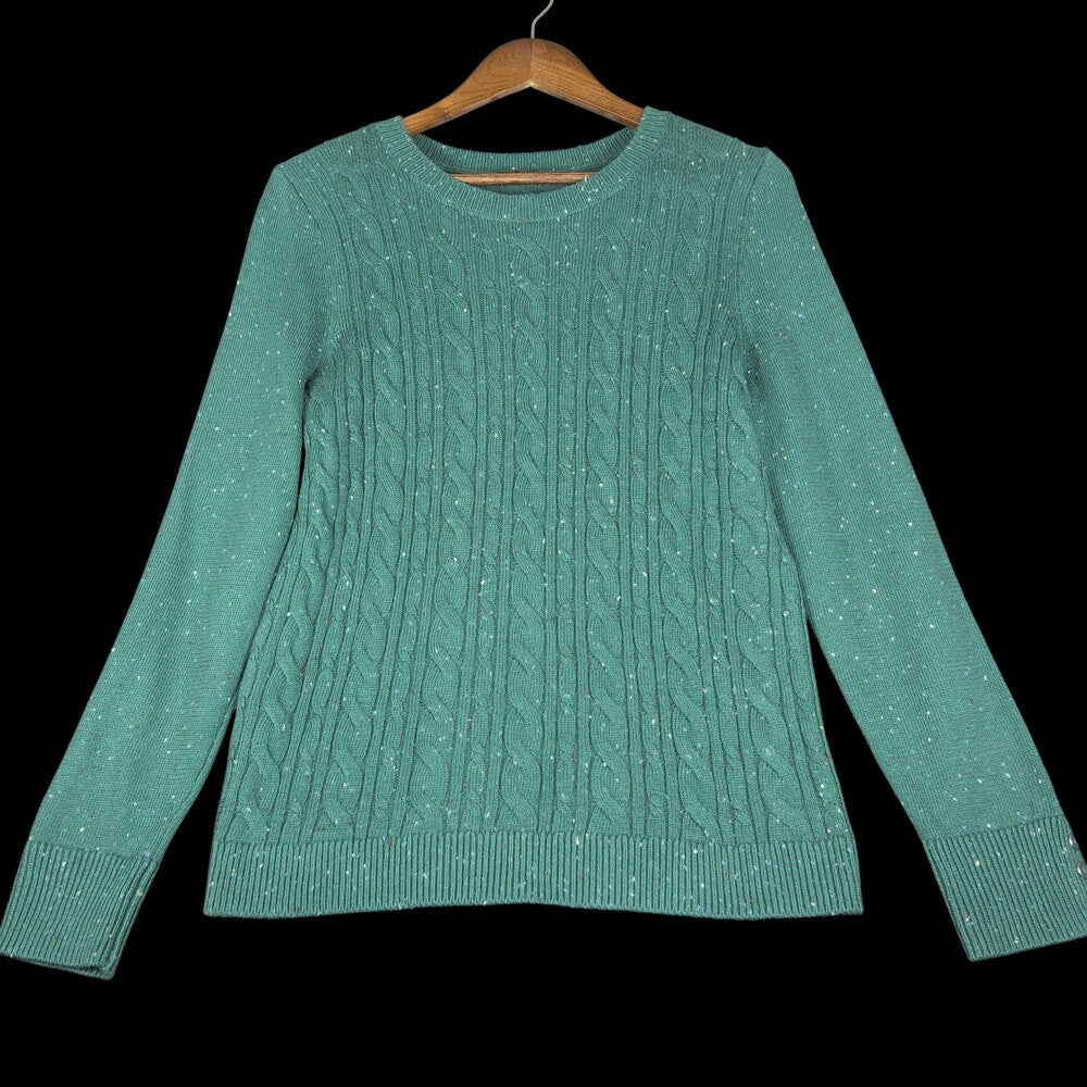 Talbots Tweed Cable Knit Crewneck Sweater Green Women's Medium - Image 4