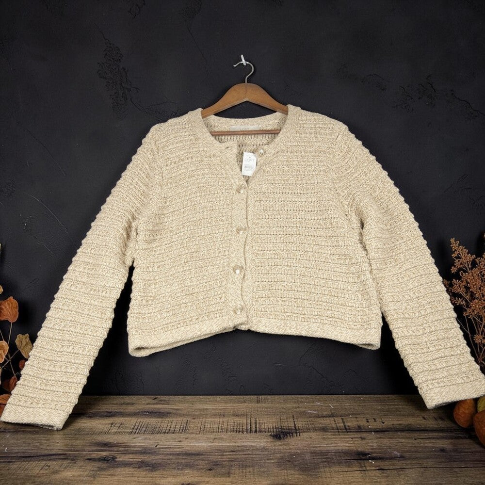 LOFT NWT Textured Rib Cardigan Pearl Buttons Beige L Cropped - Image 5