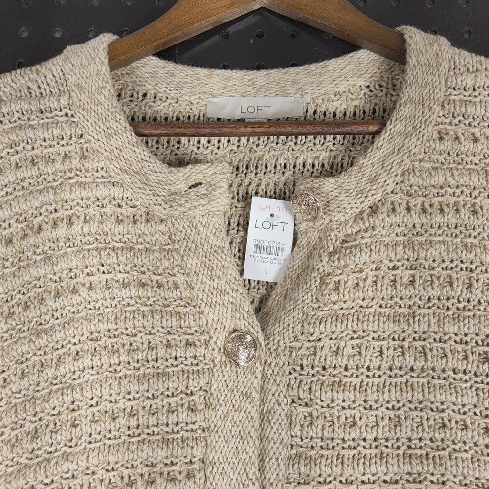 LOFT NWT Textured Rib Cardigan Pearl Buttons Beige L Cropped - Image 6