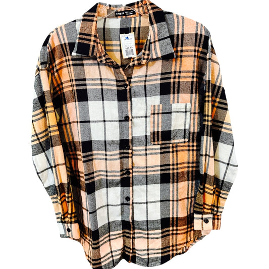 Shein LS Blouse,Orange/Black Plaid, Small