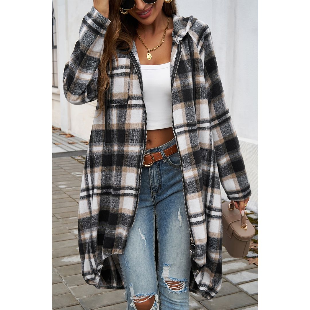 Plaid Zip Up Long Hooded Coat