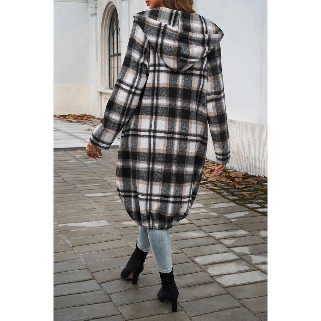 Plaid Zip Up Long Hooded Coat