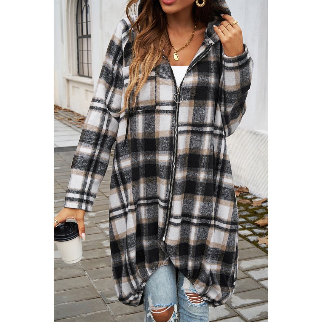 Plaid Zip Up Long Hooded Coat