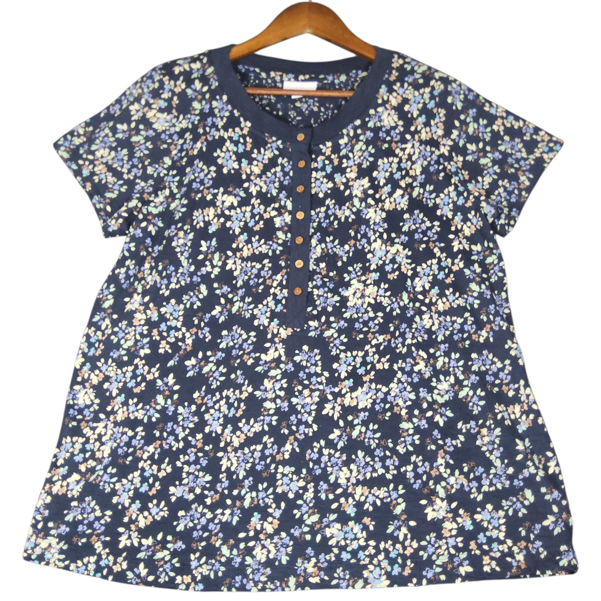 J. Jill Floral Short Sleeve Henley Top Navy Multicolor M - Image 1