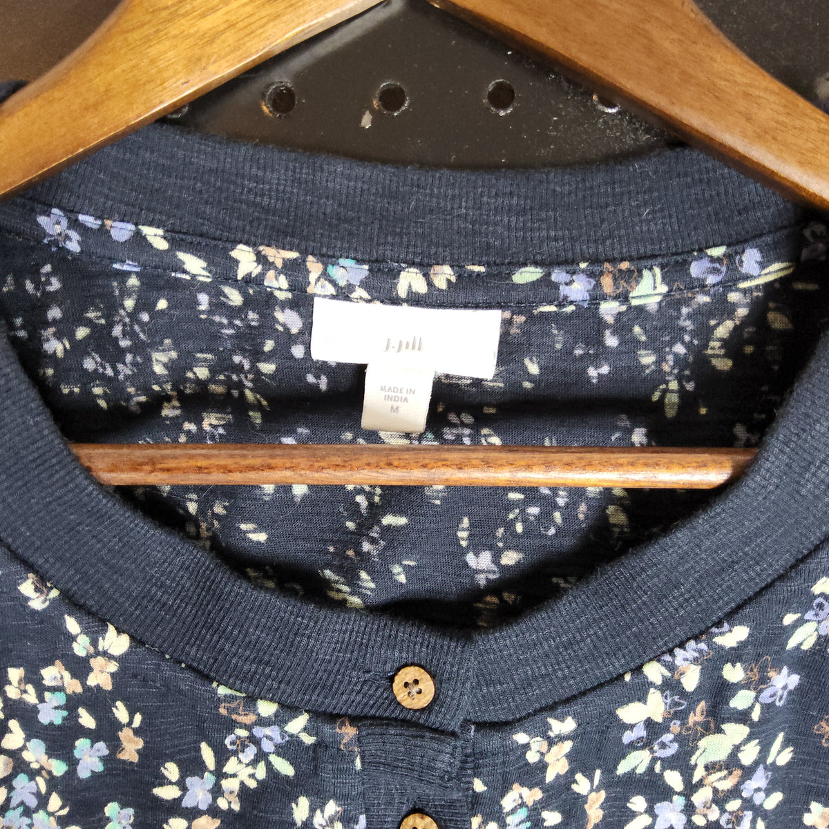 J. Jill Floral Short Sleeve Henley Top Navy Multicolor M - Image 3