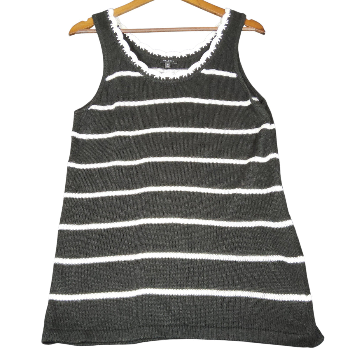 Talbots Black White Striped Knit Tank Top Scalloped Trim M - Image 1