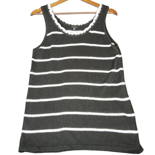 Talbots Black White Striped Knit Tank Top Scalloped Trim M - Image 1