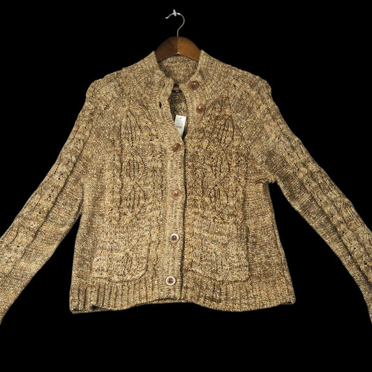 Talbots NWT Metallic Tweed Mockneck Cardigan Sweater M Tan Brown Marled - Image 1