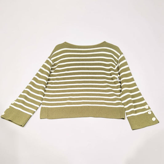 Talbots NWT Striped Bateau Neck Sweater M Olive White Ribbed Buttons - Image 1