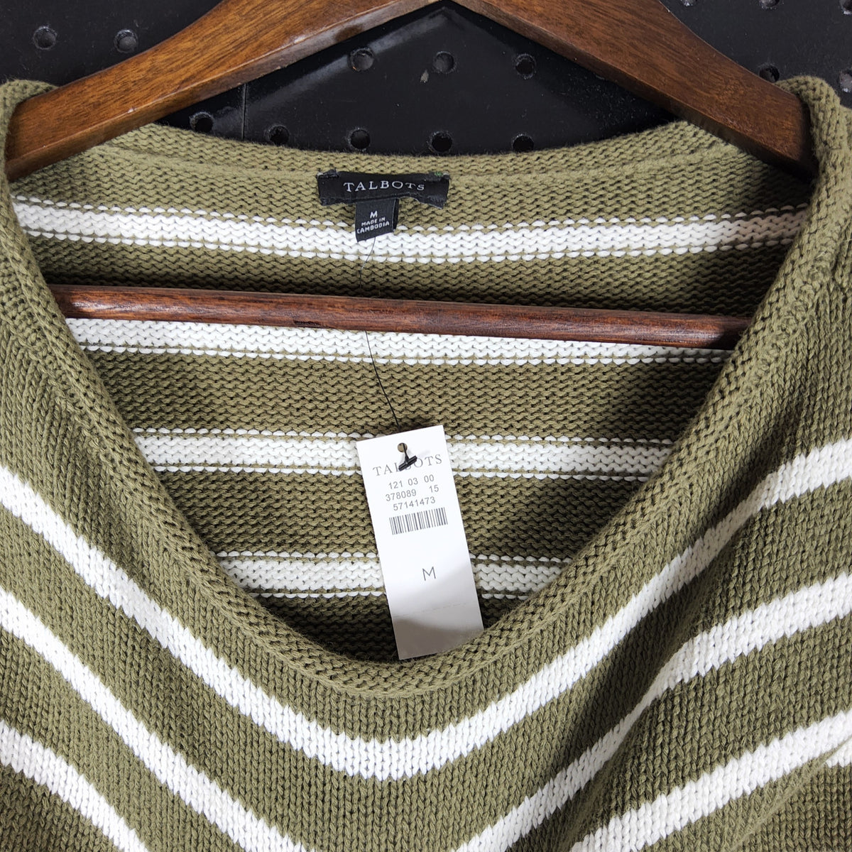 Talbots NWT Striped Bateau Neck Sweater M Olive White Ribbed Buttons - Image 4