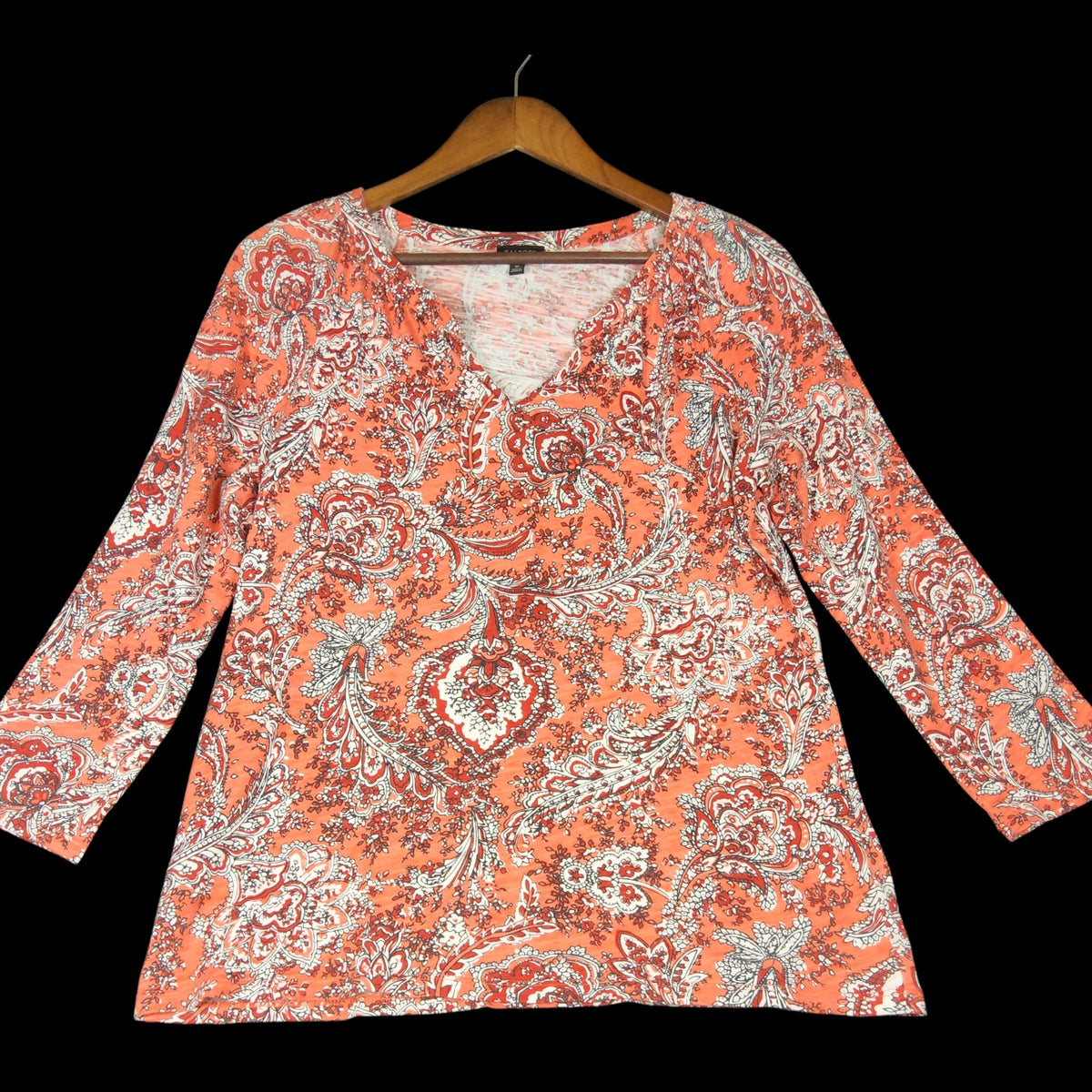 Talbots Paisley 3/4 Sleeve V-Neck Medium Top Orange Red White - Image 1