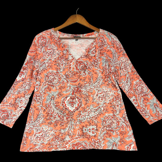 Talbots Paisley 3/4 Sleeve V-Neck Medium Top Orange Red White - Image 1