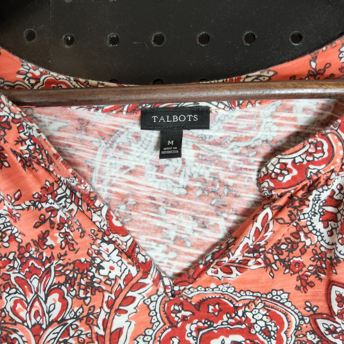 Talbots Paisley 3/4 Sleeve V-Neck Medium Top Orange Red White - Image 3