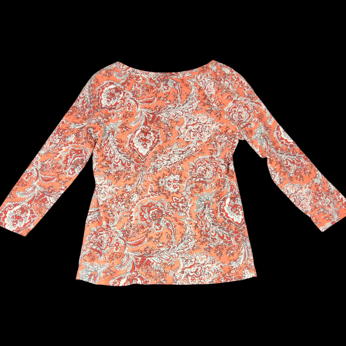 Talbots Paisley 3/4 Sleeve V-Neck Medium Top Orange Red White - Image 4