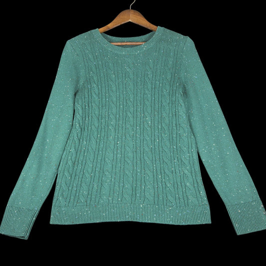 Talbots Tweed Cable Knit Crewneck Sweater Green Women's Medium - Image 1